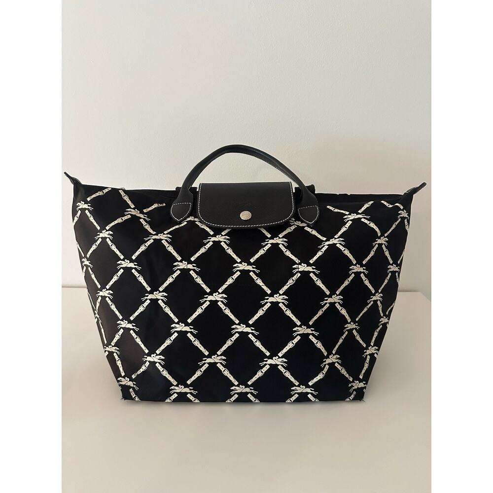 Longchamp Le Pliage Tote Bag Black White Horse Print